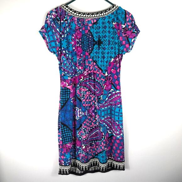 Beige by eci Dress 6 Embellished Neck Pink Blue Print Short Sleeve Stretch Bold - Picture 5 of 5